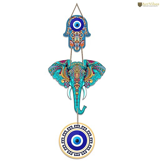 Artvibes Designer Elephant Wooden Wall Hanging for Home Decor | Hamsa Hand Decoration for Livingroom | Modern Artworks Items | Peace Charm Door Accent Decorative Hangings (WH_8506N)