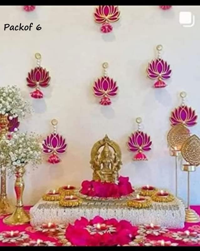 Divyakosh Lotus Hanging for Decoration | Handmade Wall Decor with Jhumki Style | Set of 6 Pink/Rani | Export Quality Lotus for Home, Temple & Pooja Room Decor | Diwali, Wedding & Festival Decoration
