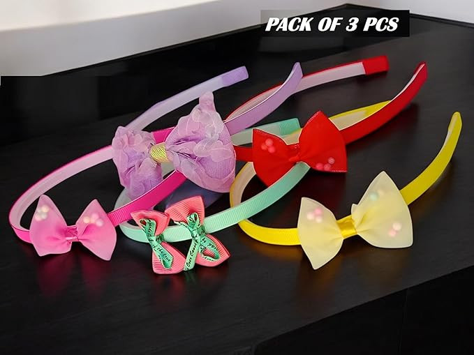 NEOBABY Bow Hairband Shiny Bow Knot Teeth Plastic Hairband for Girls Hair Band Stylish Hair Accessories for Women & Girls (Pack of 3 Pcs, Random Designs)