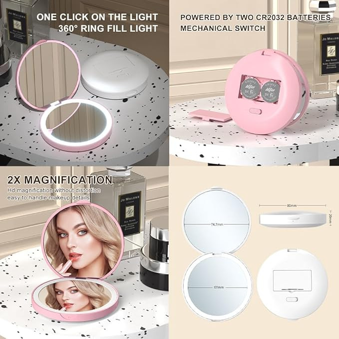 Vitalogy acrylonitrile butadiene styrene (abs) Mirror for Makeup - Magnifying Hand Mirror for Women, Girls with 2X 1x Zoom - Folding Pocket Double Makeup Mirror for Purse (Round with LED Light - Pink)
