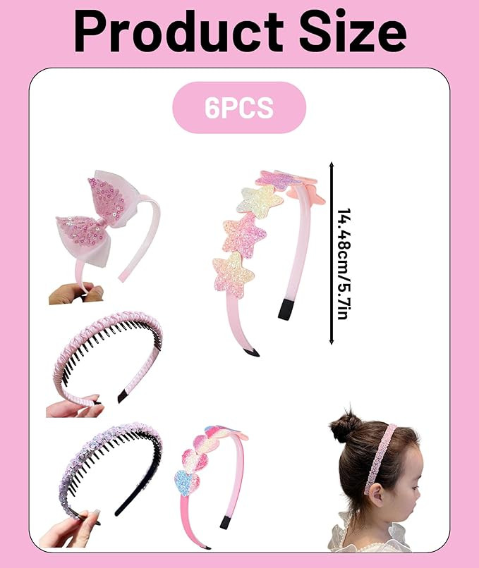 6 Pack Pink Hair Bands for Girls, Women, and Kids, Fashionable Hair Accessories for Daily, Parties, Weddings, and Sports, Soft and Elastic Hairbands for All Occasions