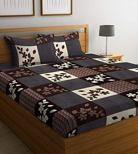 Polycotton 220 TC Floral Printed King Size Double Bedsheet with 2 Pillow Covers, (90 x 90 Inches,) Brown