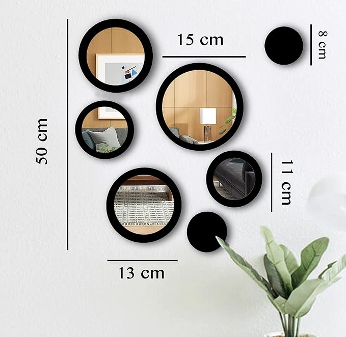 VAH- Kya Bat Hai !! Wall Art Round Black Frame Wall Mirror Sticker for Home, Styles Design Gift for Best Friend, Her, Him, for, Cafe, Restaurants (5 Mirror Stickers & 2 MDF Sticker, Framed)