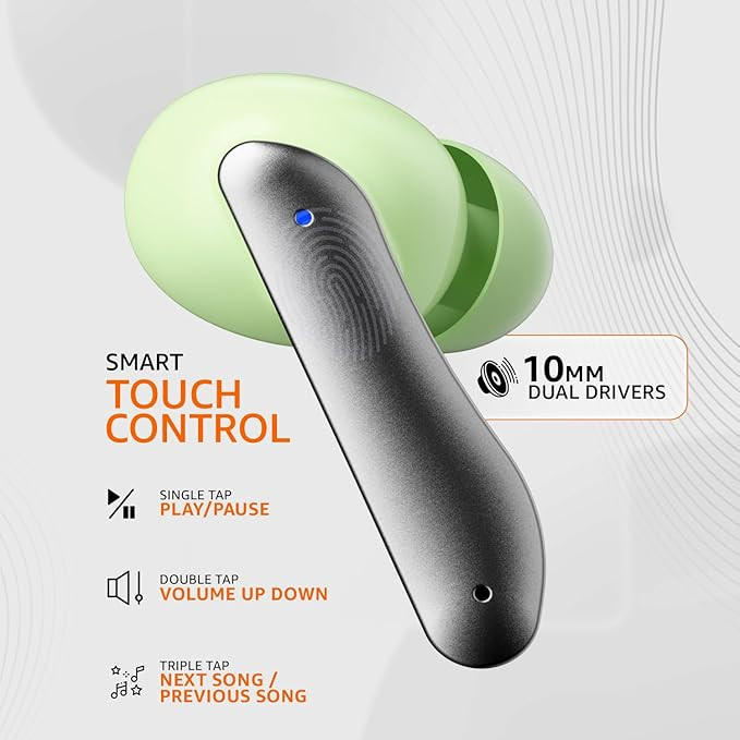 amazon basics TWS in-Ear Earbuds (AB-T01A) with Fast Charging up to 50 Hours of Playtime | Dual 10mm Driver | IPX4 Water-Resistance | Bluetooth 5.3 | Charging Case with Mic | Touch Control (Mint)