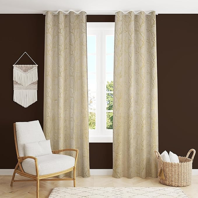 Galaxy Home Decor Premium Foil Leaf Print Velvet Fabric Semi Sheer Grommet Curtains for Window 5 Feet, Pack of 1, Cream