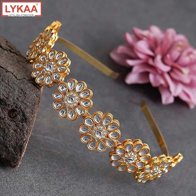 Gold Plated Kundan Metal Hairband, Tiara Head Hair Piece Sheeshphool Matha patti Ethnic Celebrity Headband Hair Accessory for Festive Season Weddings Shaadi Head Piece for Girls & Women