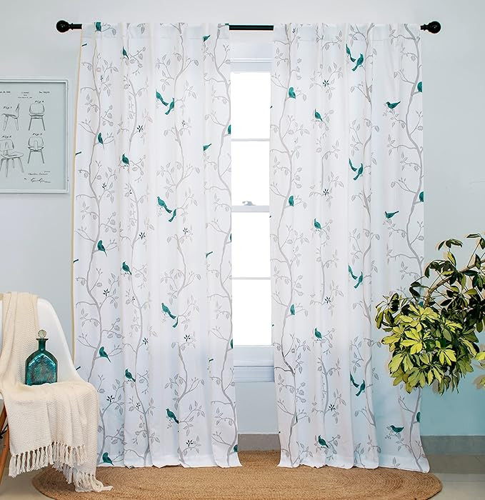 Tranquebar Curtain Co. Window Curtains 5 Feet, 60-65% Room Darkening, Blue Bird Print, Cotton Curtains for Window, Cotton Curtains 5 Feet Long Set of 2, BackTab Loops, Design Yori (152 cm) - Set of 2