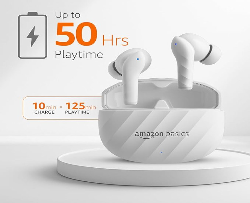 amazon basics TWS in-Ear Earbuds (AB-T10) with Fast Charging up to 50 Hours of Playtime | Dual 10mm Driver | IPX4 Water-Resistance | Bluetooth 5.3 | Charging Case with Mic | Touch Control (White)