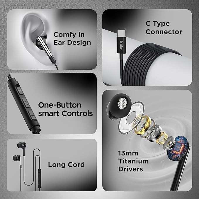 truke Bass H1 Premium in-Ear Type-C Wired Earphones w/ 13mm Titanium Drivers, Rich Deep Bass, Smart in-Line Controls for Music & Calls, Built-in HD Mic, Lightweight Design & Tangle-Free Cable (Black)