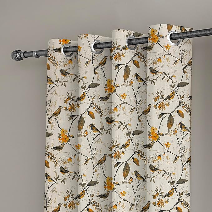 LINENWALAS Decorative Printed Cotton Semi Sheer Curtains 5 Feet Long Set of 2 Panel, Eyelet Ring Hanging, Bird Printed Window Curtains (L-5 x W-4.5 Feet, Birdie Bliss), Multicolor