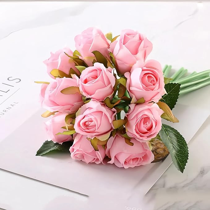 TIED RIBBONS Set of 12 Artificial Rose Flowers Bunches for Vase (24 cm, Light Pink) - Home Decoration Gift Items for Living Room Corner Table Top Bedroom Wedding (Pot Not Included) Polyester