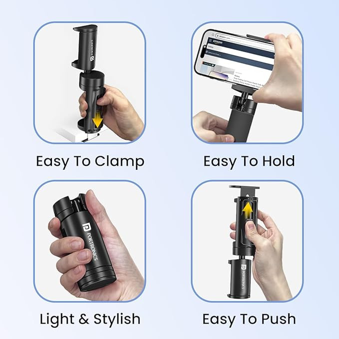 Portronics Mobot Clip Mobile Holder with 360° Adjustable Angles, Light Weight, Pocket Friendly, Mobile Stand for Table/Video Recording/Vlogging, Compatible with 4 to 6.4 inch Smartphones (Black)