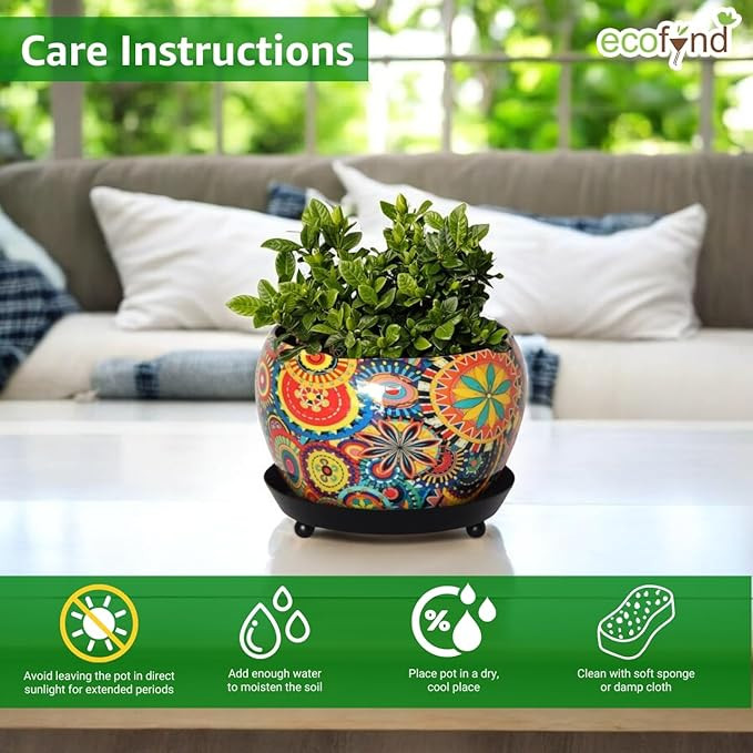 ecofynd 5 inches, Lily Metal Plant Pot with Saucer Plate | Indoor Outdoor Home Decor Item for Garden Plants Flower, Balcony, Patio, Living Room, Garden, Bedroom (Pack of 2, POT029, Color- Multi)