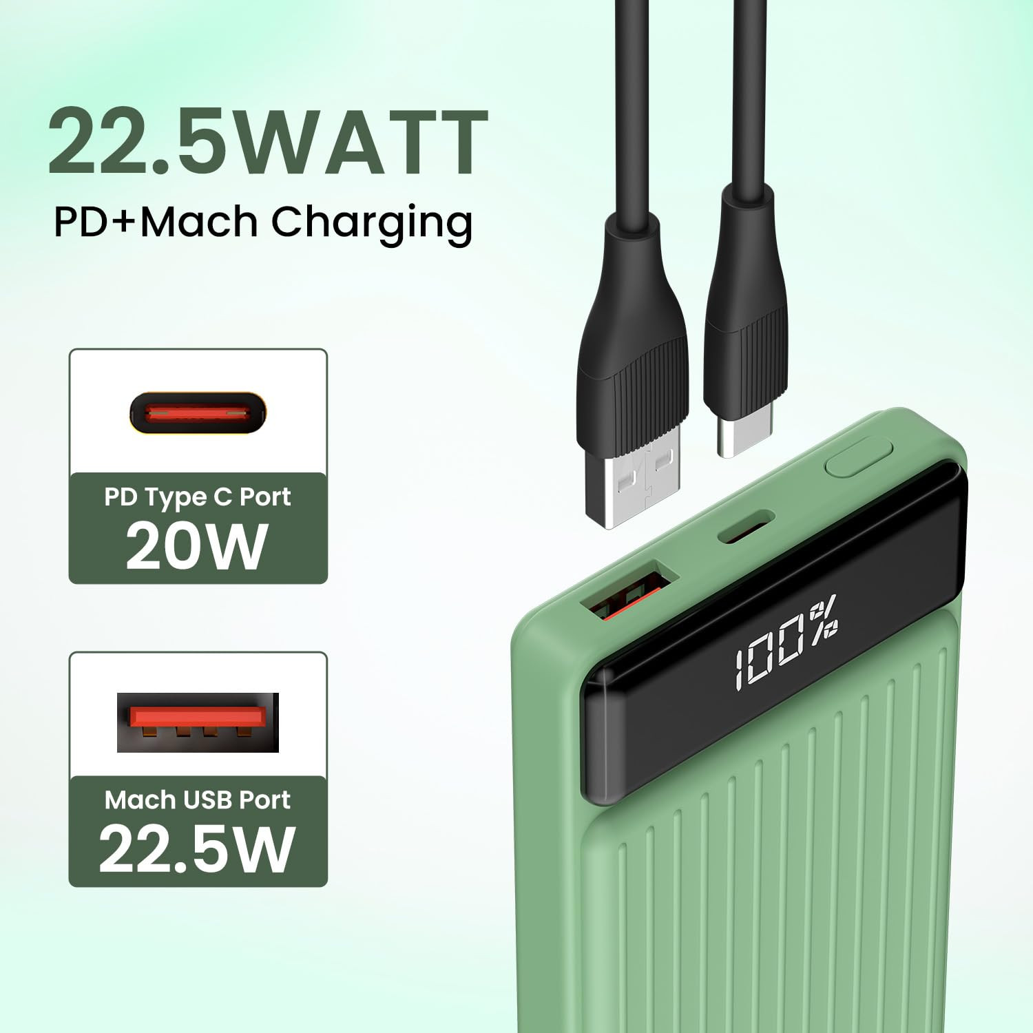 Portronics Luxcell B 10K 10000 mAh 22.5W Fast Charging Power Bank, Ultra Slim Power Bank with Mach USB-A Output, Type C PD Output, Type C Input, Wake Up Button(Green)