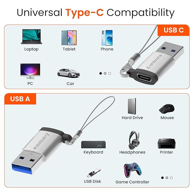AMBRANE USB Type C Female to USB Male OTG Adapter with 5 Gbps High-Speed Data Transfer, Compatible with Laptops, Tablets, Smartphone, Chargers and More Devices (AOTG-A1, Grey)