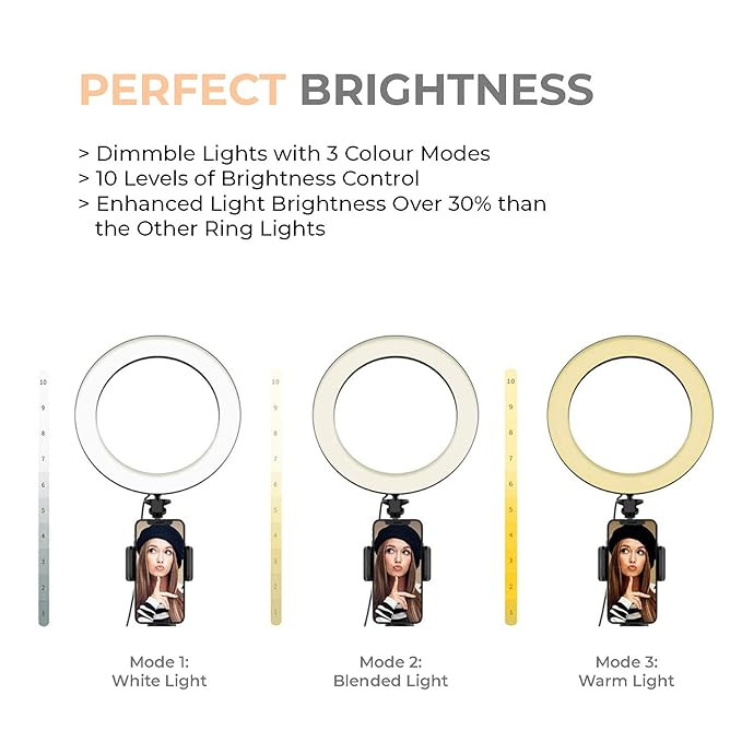 Tygot 10" Portable LED Ring Light with 3 Color Modes Dimmable Lighting | for YouTube | Photo-Shoot | Video Shoot | Live Stream | Makeup & Vlogging | Compatible with iPhone/Android Phones & Cameras
