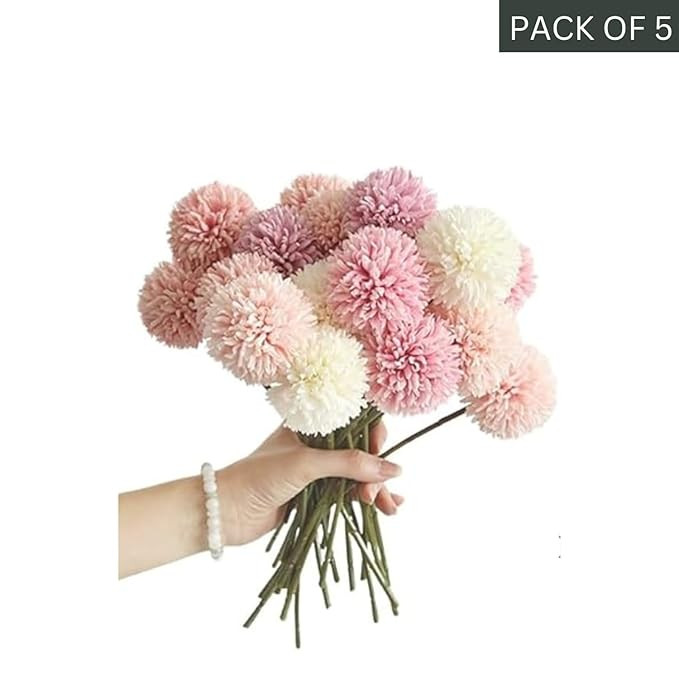 5-Piece Artificial Chrysanthemum Ball Hydrangea Flower Sticks – Premium Silk Flowers for Home, Office, Wedding, and Festival Décor (Multi, Pack of 5, Without Vase)