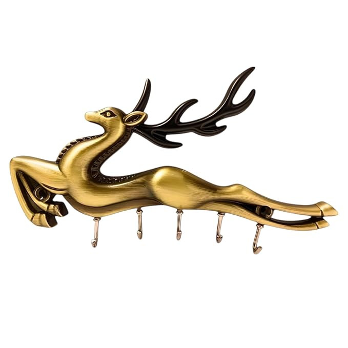Decorative Deer/Hiran Figurine WITH Wall Hooks,Key Stand Key Holder, For Home,Office,Villa, 5 Hook (Brass/Black)