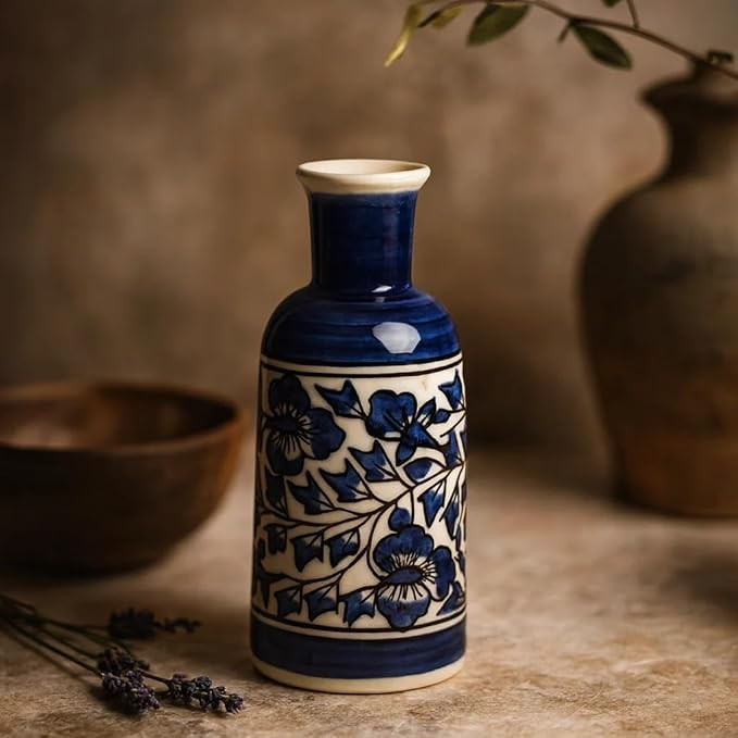 SPHINX Decorative Ceramic Vase, Flower Vase, Pampas Grass Vase, Vase for Money Plant Live Plants, Centrepiece for Home, Office,Gifts - (Mughal Floral Blue Pottery Art, 8 Inches)