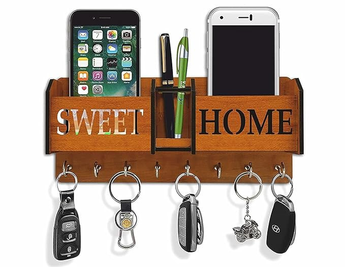 Wooden Key Holders for Home Wall Stylish | Wooden Wall Mounted Decorative Key Chain Hanger with 7 Hooks & Mobile Stand Storage for Home & Office | Multipurpose Organiser | Design: Yoga Mudra | Brown
