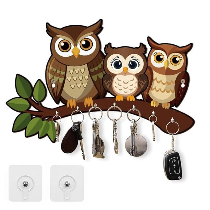 Decorative Owl Family Wooden Key Holder for Home Decor Key Hangers Keychain Holder & Key Holder for Wall | No Drilling Required | with 2 Strong Sticker Hooks