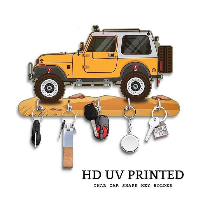 Webelkart Premium HD UV Printed Mahindra Thar Car Shape designer Wooden Key Holder Home And Office Decor (11 X 6 Inch, Wood, Yellow)