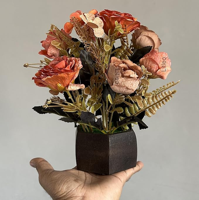 Litleo Wooden Pot with Multi-Design Dry Artificial Flowers, Perfect Home Office Gift, Elegant Décor Delight (Dense Dry Brown Orange)
