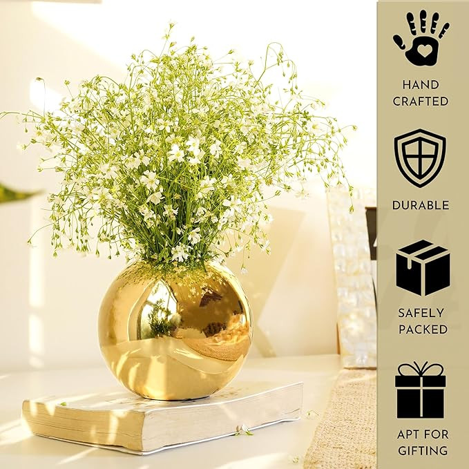BEHOMA Metal Ball Round Flower Vase for Home Decor|Table Decorative Item for Bedroom Living Room Office Wedding | Best Gift for Birthday Anniversary Diwali Ganpati Onam Festival | Gold, Small