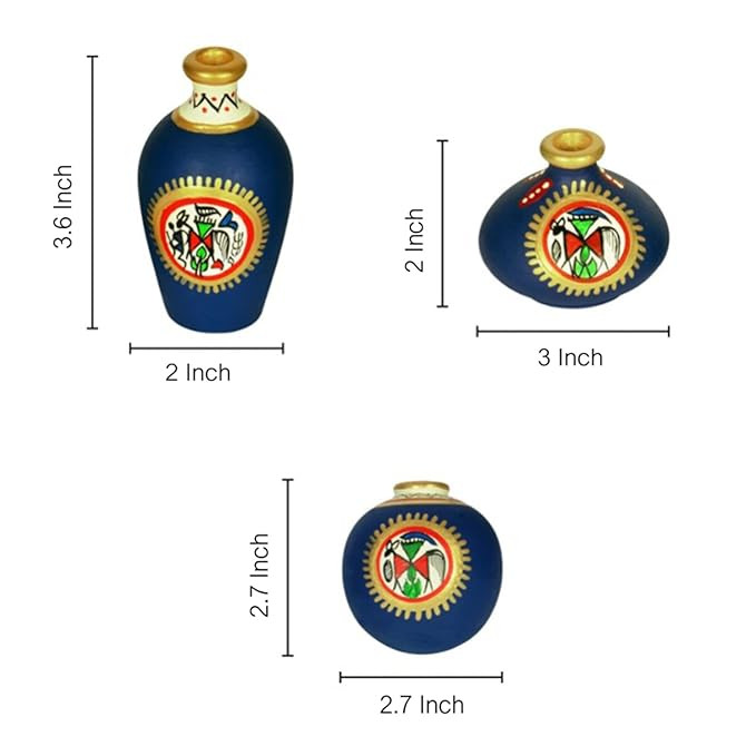 ExclusiveLane 'Warli Handpainted' Terracotta Pots Vases for Living Room & Home Decorative (Blue, Set of 3) |Decorative Pots For Home Décor Miniature Pots Showpiece For Home Décor Items For Living Room