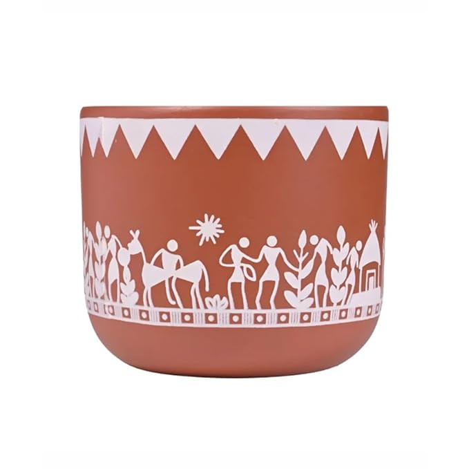 Handcrafted Terracotta Planter Pot with Warli Art Design | 10cm Height, 11cm Dia Clay Pot for Indoor Outdoor Plants, Succulents & Home Decor