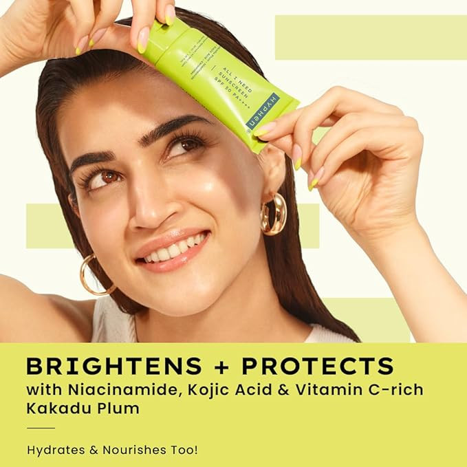 Hyphen All I Need Sunscreen SPF50 PA++++ | Brightens with Niacinamide, Kojic Acid, Vit C Rich Kakadu Plum | Hydrating Winter Sunscreen Moisturizer |Lightweight Non-Greasy UVA/B Protection | Oily, Dry, All Skin Types | For Women & Men -30ml