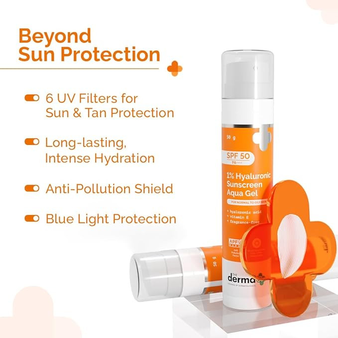 The Derma Co 1% Hyaluronic Sunscreen Aqua Gel SPF 50 PA++++ | Hydrating, Lightweight & Non-Greasy | No White Cast | Broad Spectrum & Blue Light Protection | Clinically Tested - (In-Vivo) | 50 g