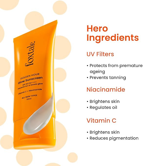 FoxTale Vitamin C & Niacinamide Glow Sunscreen Spf 50 Pa++++, Lightweight, Fast Absorbing, Uva And Uvb Filters, Prevents Tanning, No White Cast, Non-Greasy, For Men&Women, All Skin Types - 50 Ml