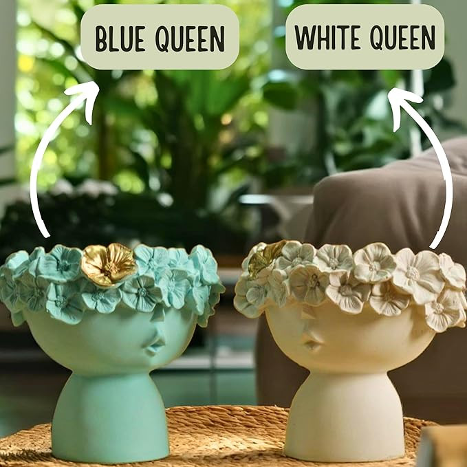 Face Vase Cute Abstract Queen White Aesthetic Resin Ceramic Finish Flower Vase for Home Decor and Living Room Dining Table Decoration (White Queen)