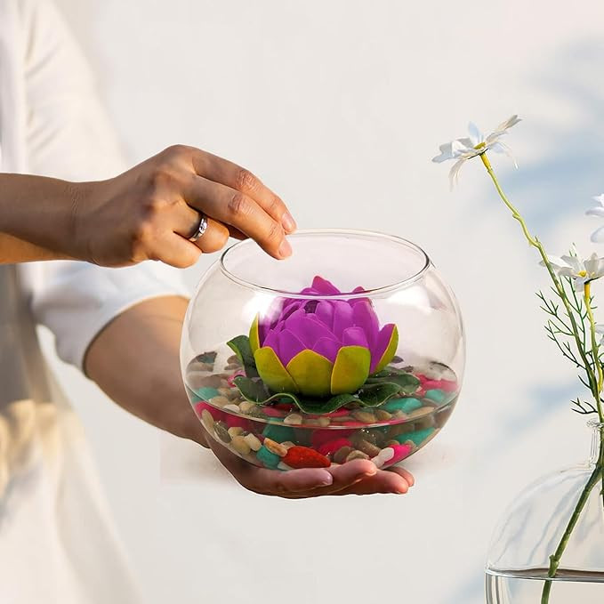 TIED RIBBONS Glass Vase for Decoration Round Glass Vessel with Faux Lotus and Natural Stones Artificial Decorative Flowers with Vase for Home Decor Living Room Bedroom Hall Office
