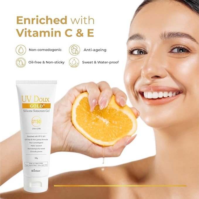 UV Doux Gold Silicone Sunscreen Gel SPF 50 PA+++|With Vitamin C & E|Broad Spectrum UVA/UVB Protection|Anti-Aging, Antioxidant-Rich, Water-Resistant Gel for Hyperpigmentation|Benzene-Free|50g