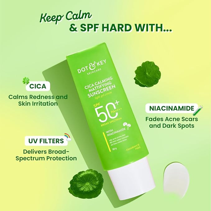 Dot & Key CICA Calming Mattifying Sunscreen SPF 50 PA++++ | For Oily Acne Prone & Sensitive Skin | UVA/UVB Protection | No White Cast, Ultra Light, Fragrance Free & Quick Absorbing | 50g