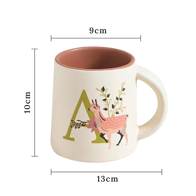 Chumbak Alphabet Mug A, Alpaca Print Ceramic Monogram Cup, Personalized Coffee and Tea Mug, Stoneware, Microwave and Dishwasher Safe