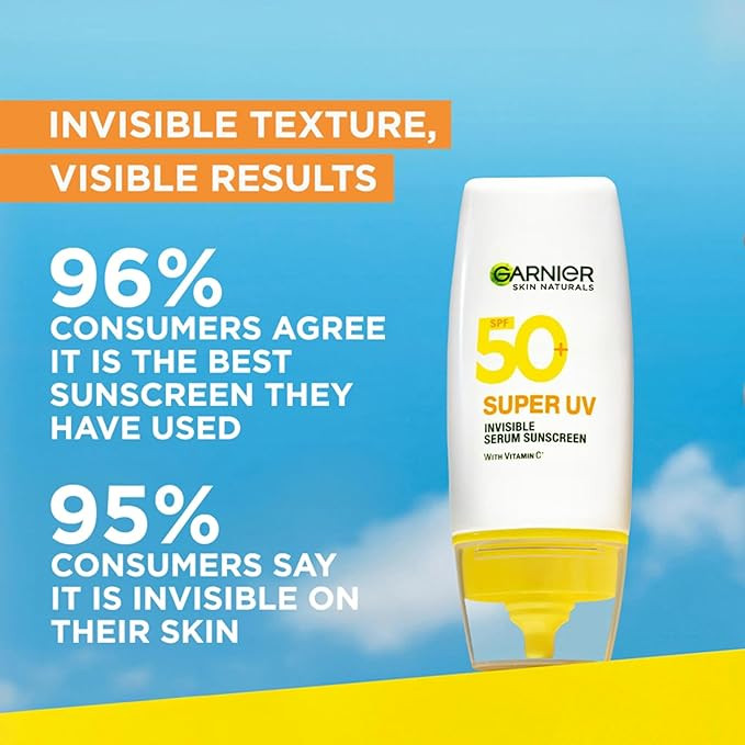 Garnier Super UV Invisible Serum Sunscreen SPF 50 PA++++ UVA/B for Broad Spectrum | Lightweight with Vitamin C | No White Cast | For All Skin Types (Oily, Dry, Acne-prone) | For Men & Women 30ml