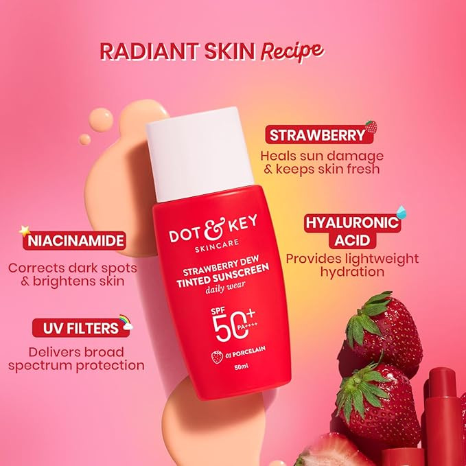 Dot & Key Strawberry Dew Tinted Sunscreen SPF 50+ Pa++++ - 01 Porcelain | Protection Against UVA & UVB | Broad Spectrum, Water & Sweat resistant | For All Skin Types | 50ml