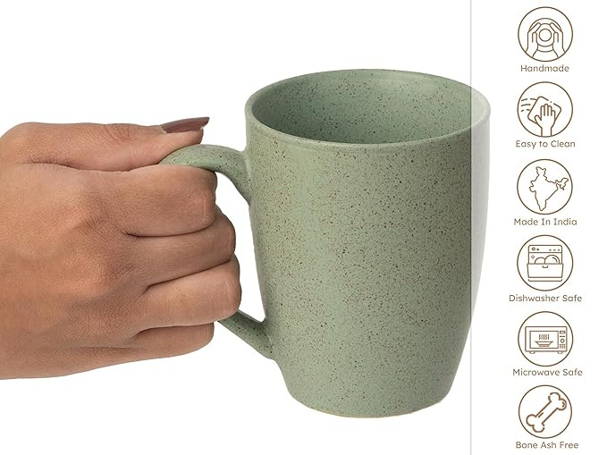 Handcrafted Ceramic Coffee Mug Set of 6 Pieces (300 Ml), Stoneware Tea Cup, Microwave Safe Medium Milk Mug, Matte Finish, Ideal for Daily use, Casual Gatherings and Gifting, Sage Green