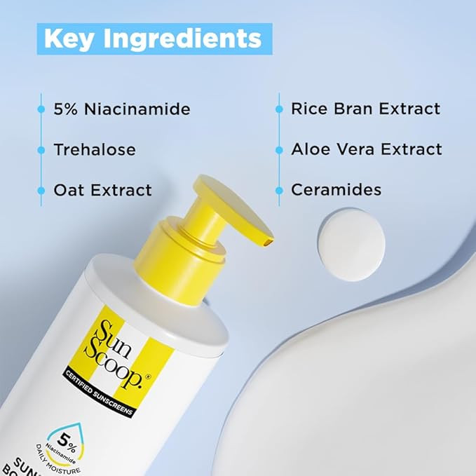 SunScoop 5% Niacinamide Daily Moisture Sunscreen Body Lotion SPF 50+ PA++++ | 24-Hours Moisturization  Reduces Pigmentation | Lightweight & Non-sticky | Leaves No White Cast | For All Skin Types | Body Sunscreen for Summer | 200 ml