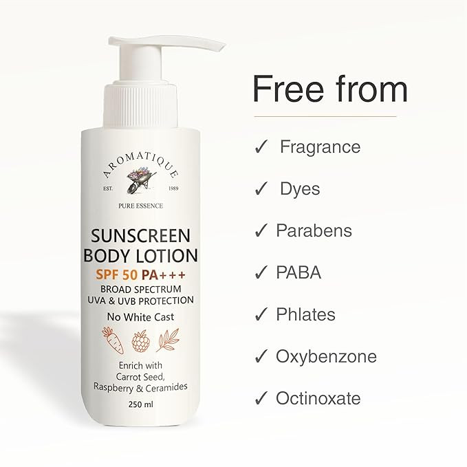 Aromatique Sunscreen Body Lotion SPF 50 PA+++ | Broad Spectrum UVA & UVB Protection | No White Cast | With Carrot Seed, Raspberry & Ceramides | 250ml Body Sun Lotion