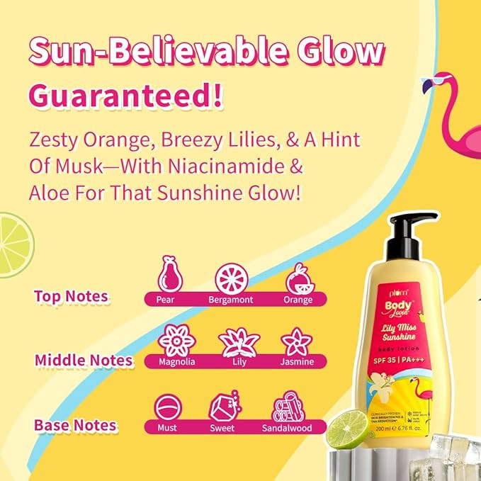 Plum BodyLovin' Lily Miss Sunshine SPF 35 PA+++ Sunscreen Body Lotion For Summers | No White Cast | Broad Spectrum UVA & UVB Protection | Aloe Juice Cools Skin by 1°| Hydrates Up to 72 Hours | Fruity Floral Fragrance - 200ml