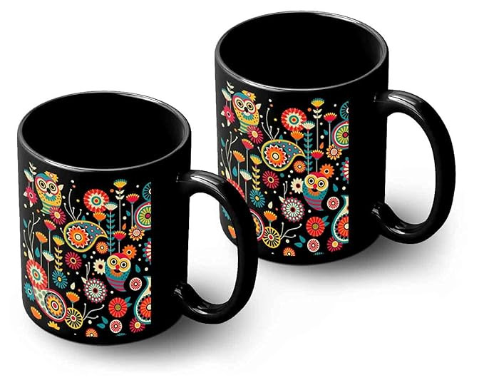Uphaar Owl Colorful Pattern Printed 2 Black Ceramic Coffee Mugs 330 ml with 2 Coasters | 2 Mugs and 2 Coasters Combo Set