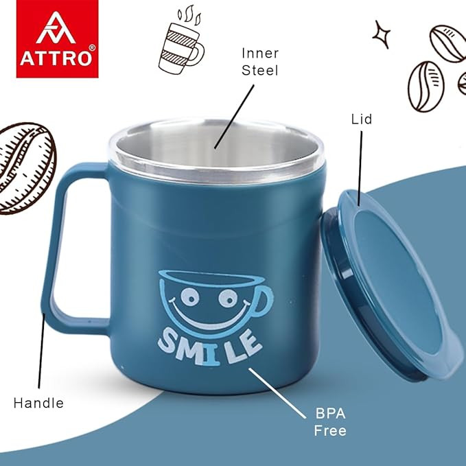 Attro Happy Mug Comes with Double Wall Inner Stainless Still & Lid Stylish Cup Ideal for Hot Coffee, Tea - Blue - Plastic, 300 Ml
