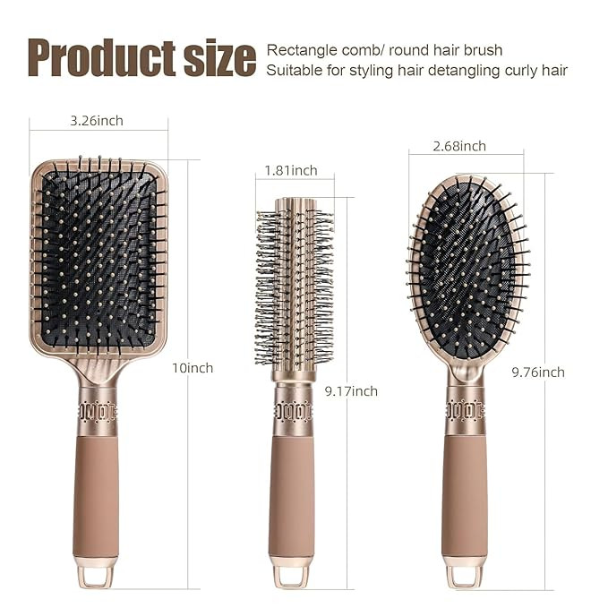 Hair Brush Comb Set For Women Men 3pcs Includes Anti-Static Massage Oval Comb, Vented Detangling Brush, Round Hair Brush For Use Wet Dry Curly and Straight Hair