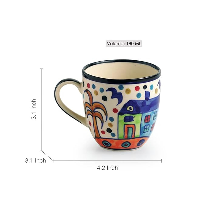 ExclusiveLane 'The Hut Morning Companions' Ceramic Tea Cups Set of 6 for Tea Cups Ceramic (180 ml, Dishwasher & Microwave Safe, Multicolor) |Coffee Cup Set Ceramic Cups Set of 6 Tea Cup Ceramic