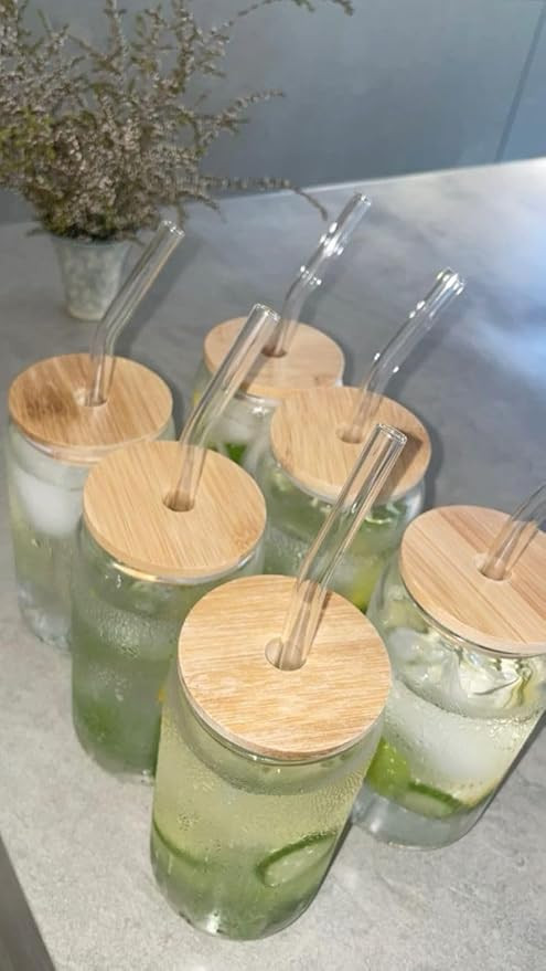 Ice Juice Drinks Glass Can Mug with Straw for Milk/Coffee/Green Tea Cup Set of 1-510ml Transparent Printed Can Shape Cup (Pack of 1) (Wooden LID CAN)