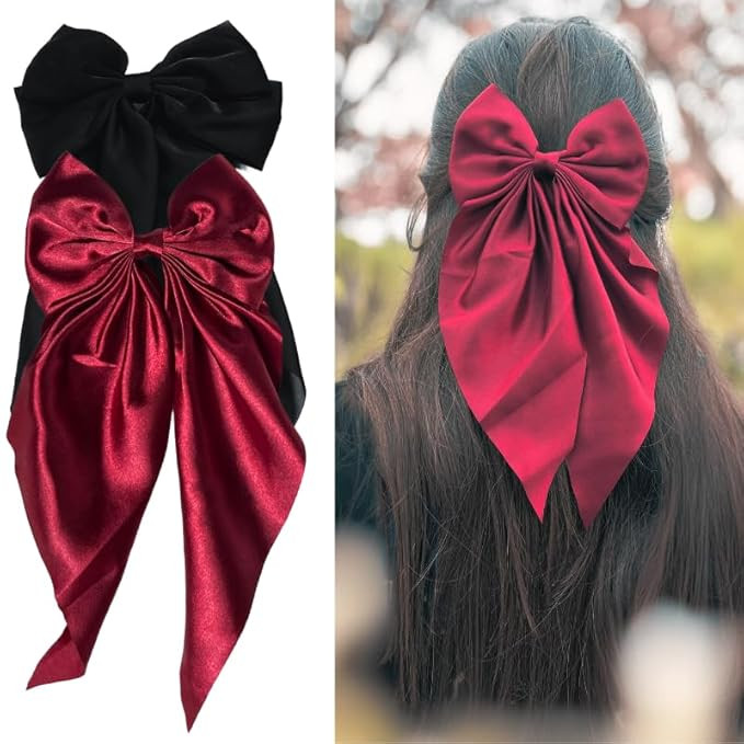 2 Pack Black and Red Hair Bows - Bow Clips for Women and Girls - Luxury Silky Satin Hair Accessories - Cute Clips for Girls